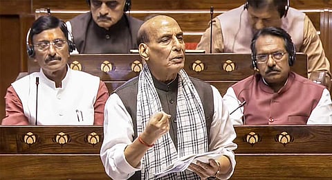 Defence Minister Rajnath Singh speaks during a debate in the Rajya Sabha on the Pahalgam terror attack and Operation Sindoor, at the Monsoon session of Parliament, in New Delhi, Tuesday, July 29, 2025