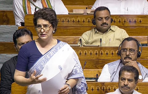 Congress MP Priyanka Gandhi Vadra speaks in the Lok Sabha during the Monsoon session of Parliament.