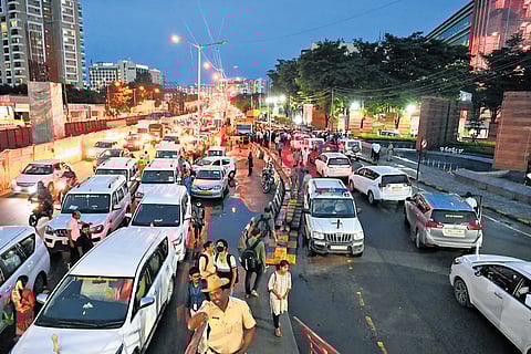 Heavy traffic at Outer Ring Road due heavy rain in Bengaluru.