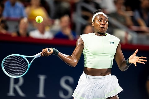 Coco Gauff of the USA returns the ball during second round tennis action against Danielle Collins of the USA at the National Bank Open tennis tournament in Montreal on Tuesday, July 29, 2025.