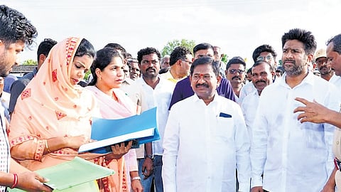 Social Welfare Minister Dola Sree Bala Veeranjaneya Swamy and Collector Thameem Ansariya inspecting arrangements in Darsi on Wednesday.