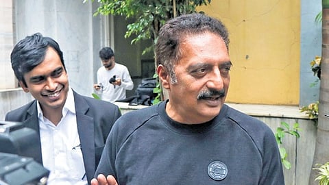 Actor Prakash Raj speaks to the media while leaving the ED office in Hyderabad.