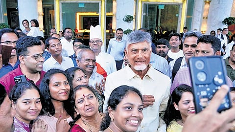 Andhra Pradesh Chief Minister N Chandrababu Naidu interacts with the Indian diaspora in Singapore.