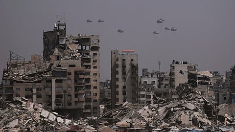 Humanitarian aid is airdropped to Palestinians over Gaza City, Gaza Strip, Monday, July 28, 2025.