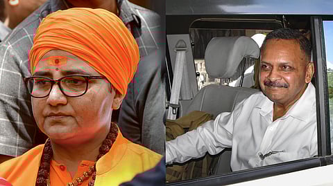 Former BJP MP Pragya Singh Thakur (L) and Lt Col Prasad Purohit at a special NIA court after a hearing on the 2008 Malegaon blast case, in Mumbai (R)
