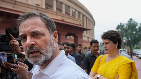 Leader of Opposition in the Lok Sabha Rahul Gandhi and Congress MP Priyanka Gandhi Vadra during the Monsoon session of Parliament, in New Delhi, Thursday, July 31, 2025.