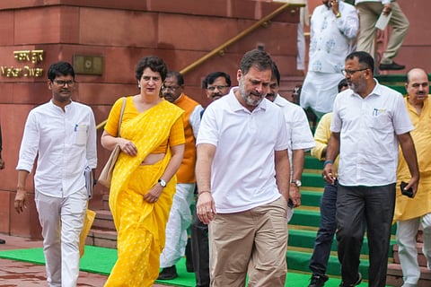 LoP in the Lok Sabha and Congress leader Rahul Gandhi with party MP Priyanka Gandhi Vadra during the Monsoon session of Parliament, in New Delhi, Thursday, July 31, 2025.