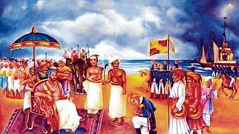 An art work on the Battle of Colachel. The Dutch were defeated by the Travancore forces led by Anizham Thirunal Marthanda Varma. The scene is of the surrender of the Dutch forces.