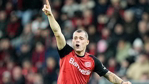 Leverkusen's Granit Xhaka gestures during the Champions League opening phase football match between Bayer Leverkusen and Sparta Prague at the BayArena in Leverkusen, Germany, Wednesday, Jan. 29, 2025.