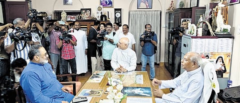 BJP state president Rajeev Chandrashekhar with Thrissur Archbishop Mar Andrews Thazhath on Friday