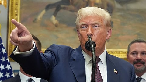 US President Donald Trump speaks during an event in the Roosevelt Room of the White House in Washington, Thursday, July 31, 2025.