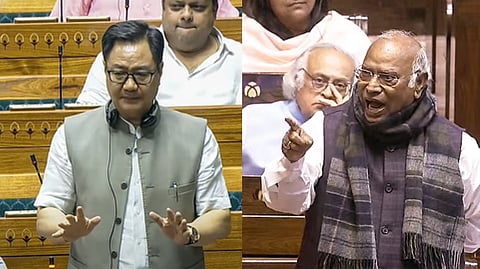 Parliamentary Affairs Minister Kiren Rijiju (L), eader of Opposition in the Rajya Sabha Mallikarjun Kharge