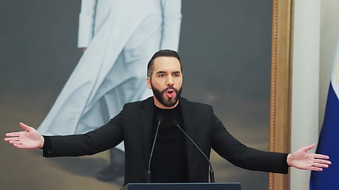 El Salvador's President Nayib Bukele gives a press conference in San Salvador, El Salvador, Jan. 14, 2025.