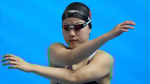 Yu Zidi of China prepares to compete in the women's 200-meter butterfly final at the World Aquatics Championships in Singapore, Thursday, July 31, 2025.