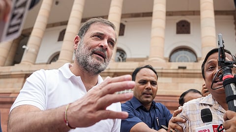 Leader of the Opposition in the Lok Sabha Rahul Gandhi during the Monsoon session of Parliament, in New Delhi, Friday, Aug. 1, 2025.