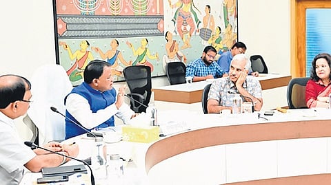 CM Mohan Charan Majhi at a preparatory meeting on the launching of a special drive for tree plantation, at Lok Seva Bhawan on Thursday.