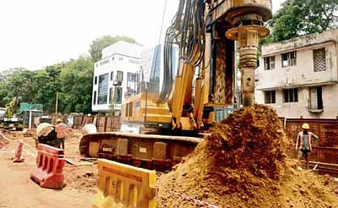 Work on Phase-2 Corridor-5 ECV-02 of the Chennai Metro Rail under progress at St Thomas Mount.