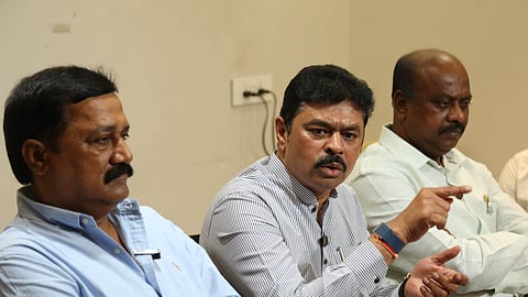 Anakapalle MP CM Ramesh and Bheemili MLA Ganta Srinivasa Rao addressing a press conference held in Visakhapatnam on Friday.