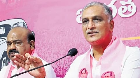 BRS leader T Harish Rao addresses the media in Hyderabad.