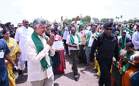 CM Nara Chandrababu Naidu during PM KISAN- Annadata Sukhibhava Programme at East Veerayapalem Village in Darsi Mandal of Prakasam District on Saturday.