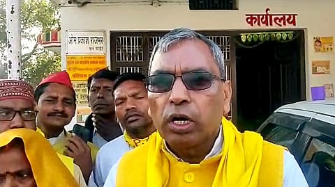 Suheldev Bharatiya Samaj Party (SBSP) President Om Prakash Rajbhar speaks to the media in Ballia, Uttar Pradesh.