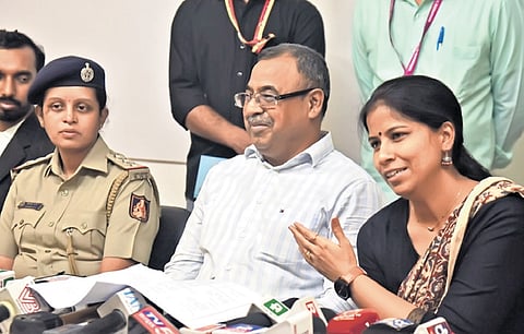 SIT chief and ADGP, CID, BK Singh, accompanied by IPS officer Suman D Pennekar and IO Shobha, addresses the media in Bengaluru on Saturday