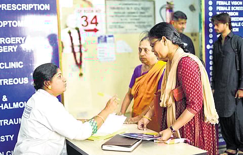 (Above) At a help desk set up by Helping Hand Foundation (HHF) at a government hospital, a woman volunteer speaks to patients and attenders in Hyderabad; (cutout) Mujtaba Hasan Askari, founder of HHF, with the resident of a tribal hamlet situated 40 km north of Ranchi, Jharkhand
