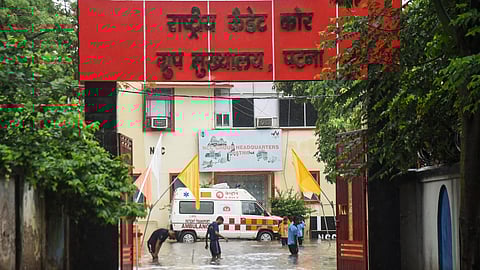 A view of the NCC Group Headquarters partially submerged after heavy rain in Patna, Bihar, on Monday, July 28, 2025.
