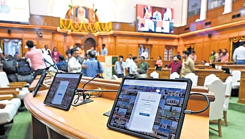 Speaker Vijender Gupta during E-Vidhan inauguration on Sunday