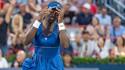 Victoria Mboko, of Canada, reacts following her win over Coco Gauff, of the United States, during round of 16 match action at the National Bank Open women's tennis tournament in Montreal, Saturday, Aug. 2, 2025.