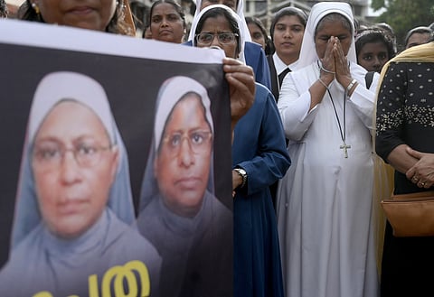 :Nuns representing KLCA from Kozhikode on Sunday protest against the illegal arrest of nuns in Chhattisgarh.