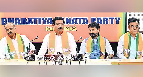 Karnataka BJP president BY Vijayendra and party leaders address the media in Bengaluru on Saturday