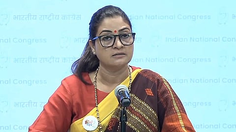 Mahila Congress president Alka Lamba addresses a press conference at the party headquarters in Delhi, Sunday, Aug. 03, 2025.