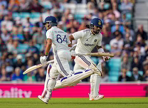 India's Yashasvi Jaiswal and KL Rahul run between the wickets during the second day of the fifth Test cricket match between India and England, at The Oval, in London, Friday, Aug. 1, 2025.
