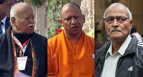 (From L to R) RSS Chief Mohan Bhagwat, Uttar Pradesh Chief Minister Yogi Adityanath, and Malegaon blast accused Major (retd) Ramesh Upadhyay.