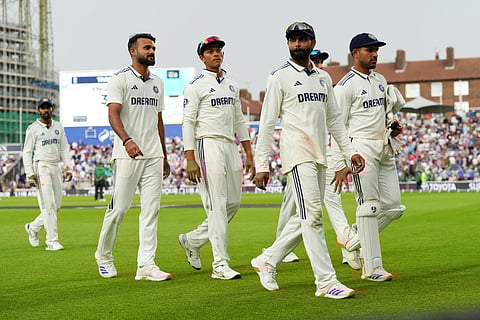 India players leave the ground after bad light stopped play on Day 4