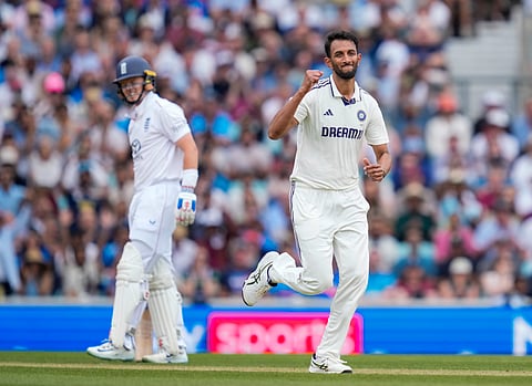 India's Prasidh Krishna celebrates the wicket of England's batter Ben Duckett during the fourth day of the fifth Test match between India and England, at The Oval cricket ground, in London, England, Sunday, Aug. 3, 2025.