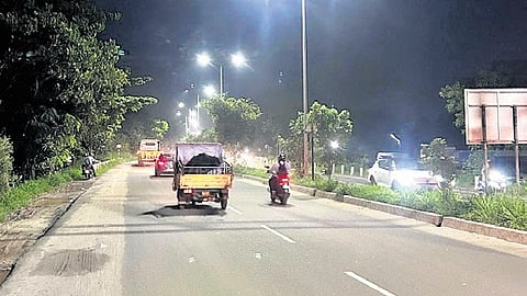 The newly-installed streetlights along the Container Road lit during a trial held by the NHAI last week