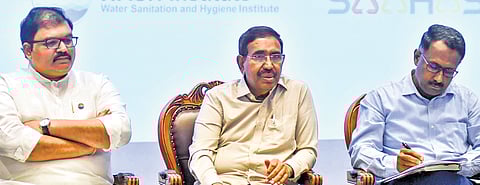 MAUD Minister P Narayana, Principal Secretary S Suresh Kumar, Swachh Andhra Corporation Chairman Pattabhi Ram at a State level workshop.