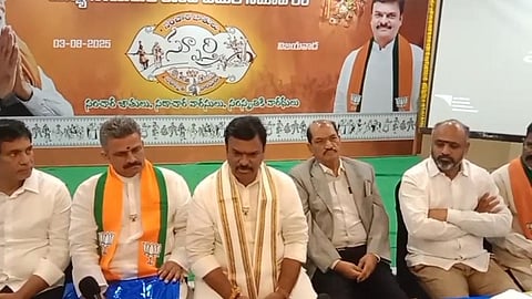 BJP AP president PVN Madhav speaking to the media at a roundtable conference in Vijayawada ahead of 75th Vimukti Divas.