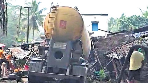 The ill-fated tanker at the accident site in Rayagada on Sunday.