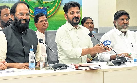 Chief Minister A Revanth Reddy along with his cabinet ministers addressing the media at Secretariat on Monday.