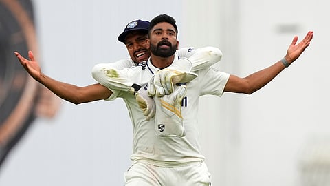 India's Mohammed Siraj and India's Dhruv Jurel celebrate their win against England on day five of the fifth cricket test match between England and India at The Kia Oval in London, Monday, Aug. 4, 2025.