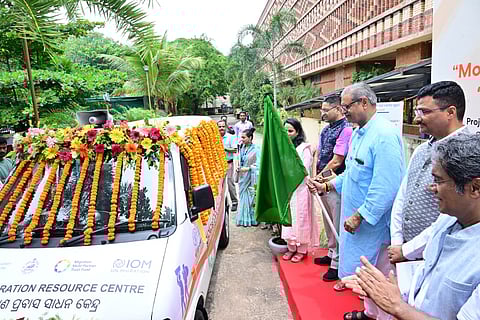 Dy CM KV Singh Deo flagging off the state's first mobile van to create awareness on distress migration