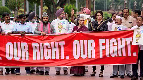 Congress MPs Sonia Gandhi and Priyanka Gandhi Vadra with other parliamentarians of the INDIA bloc parties stage a protest against the Election Commission's Special Intensive Revision (SIR) of electoral rolls in Bihar, during the Monsoon session of Parliament, in New Delhi, Tuesday, Aug. 5, 2025