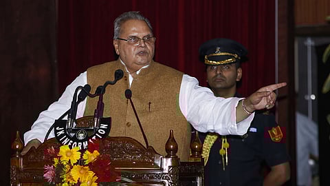 In this photo from Sept. 14, 2019, Jammu & Kashmir Governor Satyapal Malik addresses a ceremony in Jammu.