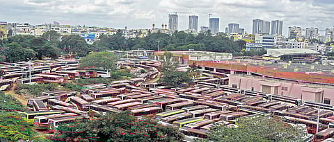 KSRTC buses remained parked in Bengaluru owing to the transport strike.