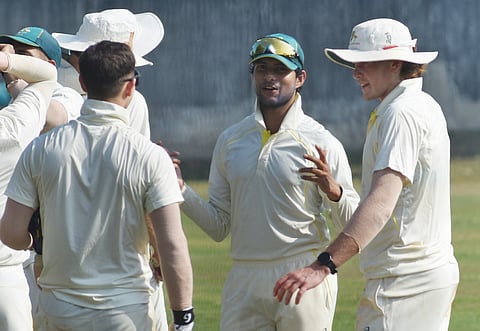 Nivethan Radhakrishnan (centre) during the match on Tuesday