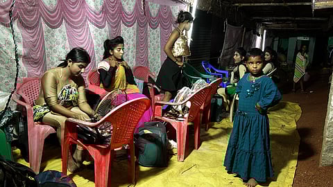 Aadal Paadal dancers in Tamil Nadu getting ready backstage.