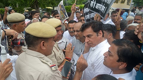 Delhi Congress president Devender Yadav during protest against Delhi fees hike bill.